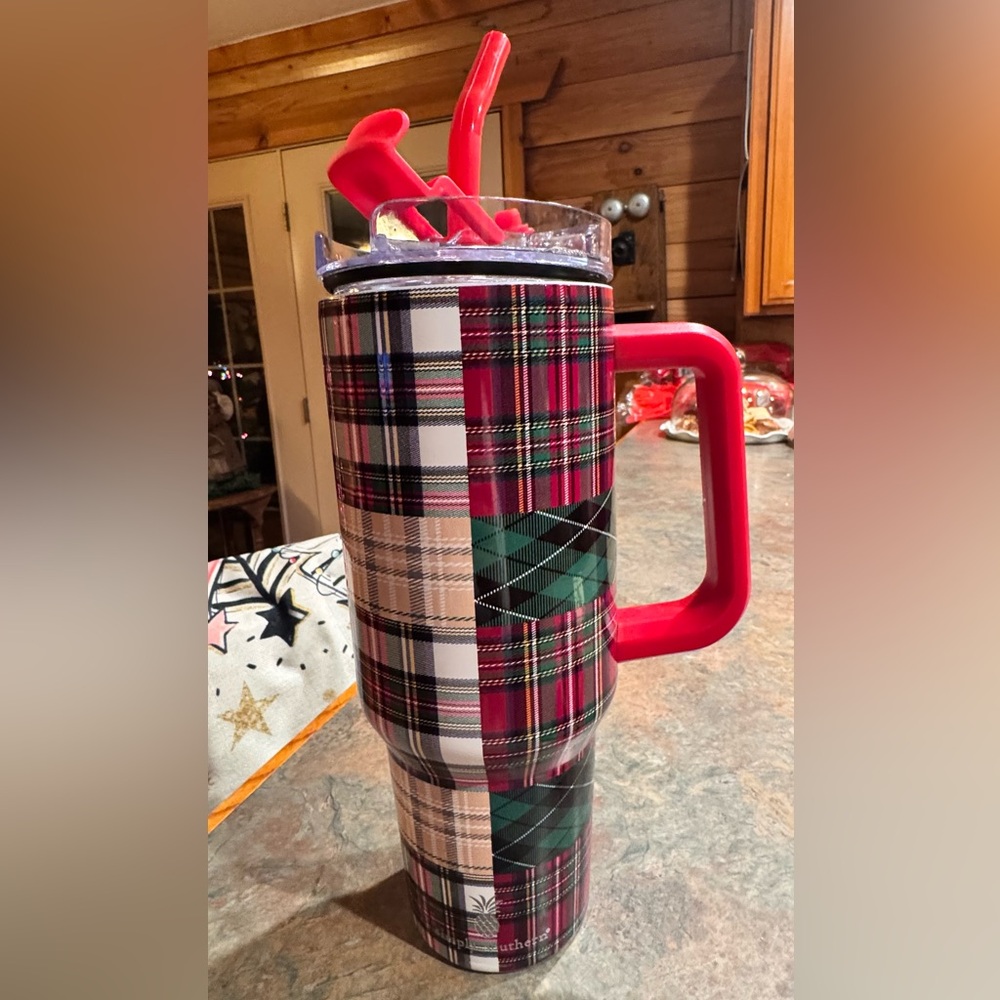 Christmas tartan Plaid Insulated Tumbler with Handle, lid & straw.